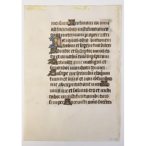 196 - ILLUMINATED PAGES: A double sided illuminated vellum page, possibly 14th century, 16.5cm high, frame... 