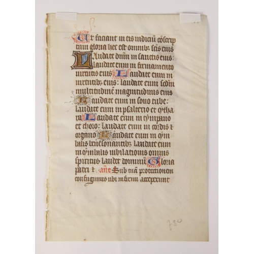 196 - ILLUMINATED PAGES: A double sided illuminated vellum page, possibly 14th century, 16.5cm high, frame... 