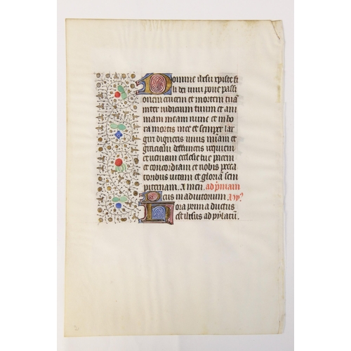 196 - ILLUMINATED PAGES: A double sided illuminated vellum page, possibly 14th century, 16.5cm high, frame... 