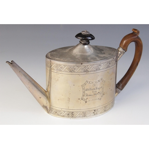 2 - A George III silver teapot, Henry Chawner, London 1792, of oval form with hinged cover, wooden knop ... 