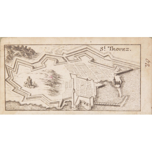 204 - * A 17th century map of St.Tropez, possibly by Matthaus Merian, 6.5cm x 12.5cm, framed and glazed