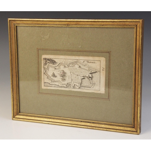 204 - * A 17th century map of St.Tropez, possibly by Matthaus Merian, 6.5cm x 12.5cm, framed and glazed