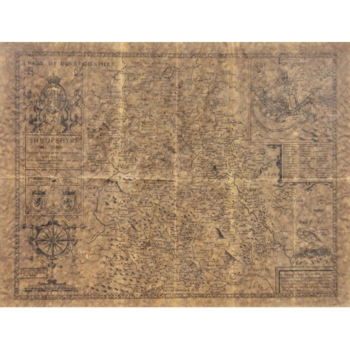 207 - * After John Speede (17th century), an aged reproduction map titled  'SHROPSHIRE DESCRIBED, THE SITT... 