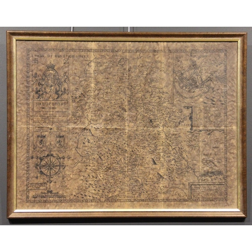 207 - * After John Speede (17th century), an aged reproduction map titled  'SHROPSHIRE DESCRIBED, THE SITT... 