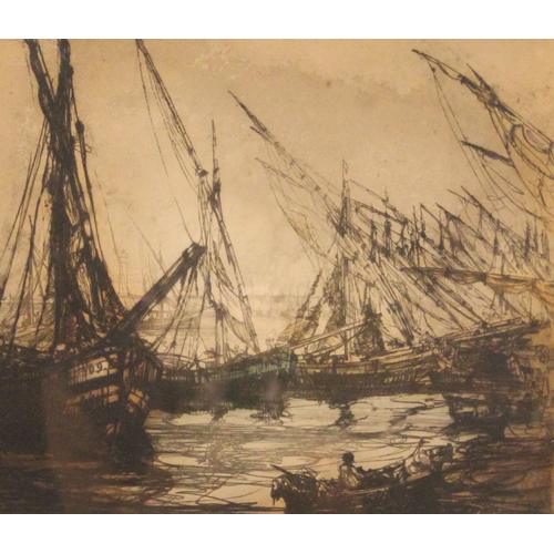 215 - * English School (20th century),  
Fishing boats in harbour, 
Lithograph on paper, 
Unsigned, 
31cm ... 