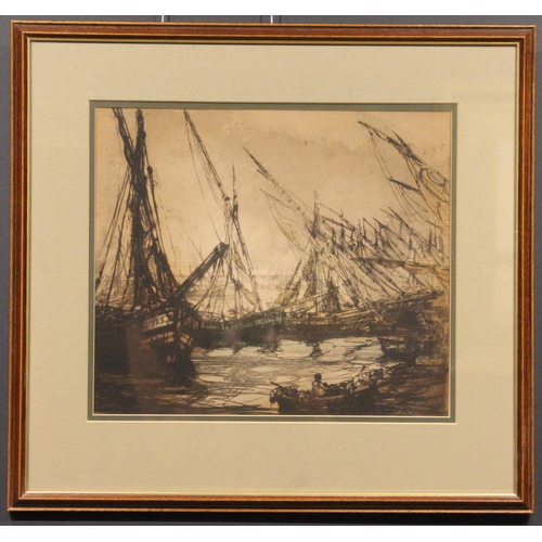 215 - * English School (20th century),  
Fishing boats in harbour, 
Lithograph on paper, 
Unsigned, 
31cm ... 