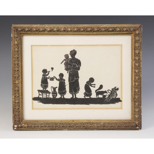 220 - English School, early 20th Century,  
A silhouette depicting a family at leisure,  
Pen and ink on p... 