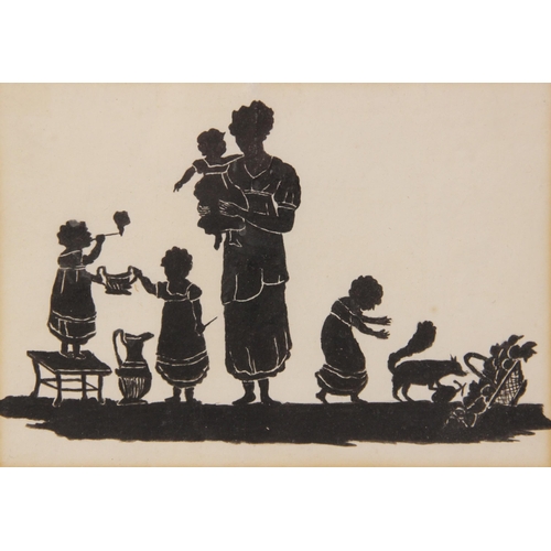 220 - English School, early 20th Century,  
A silhouette depicting a family at leisure,  
Pen and ink on p... 