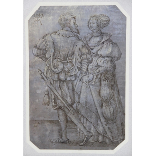 230 - Attributed Eric Hebborn (1934-1996), 
A 16th century couple, after The Monogrammist MT, 
Pen and ink... 