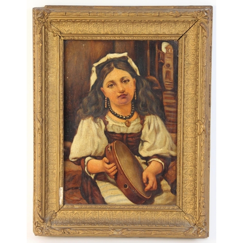 237 - * Continental school (19th century), 
Portrait of a girl playing the tambourine, 
Oil on board, 
Uns... 