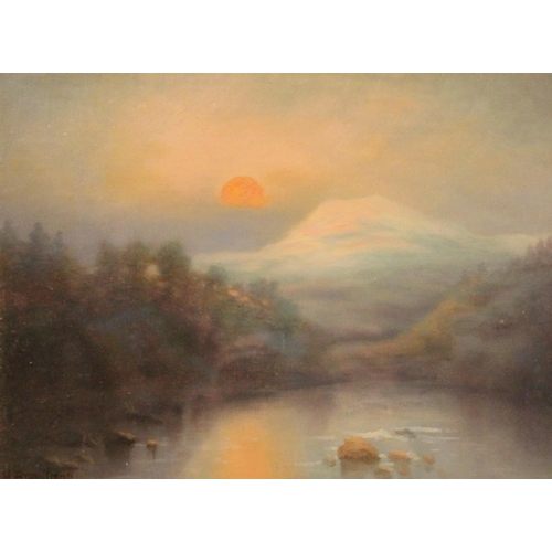 239 - * H Armytage (English school, early 20th century), 
A dusk landscape with sun setting over mountains... 