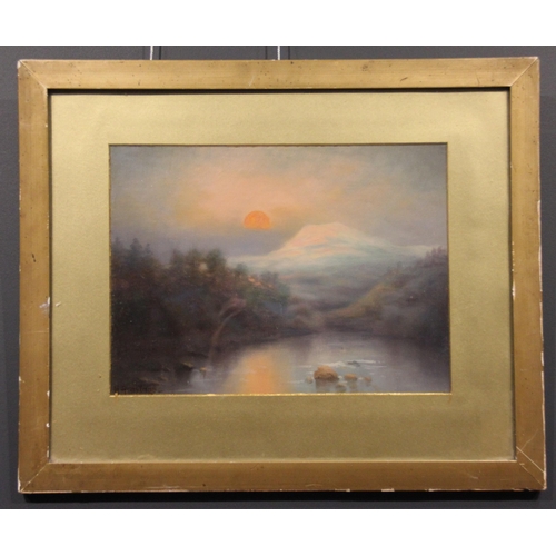 239 - * H Armytage (English school, early 20th century), 
A dusk landscape with sun setting over mountains... 