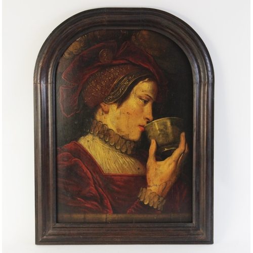 243 - Continental school (in the 17th century manner), 
Bust length portrait of an enigmatic lady drinking... 