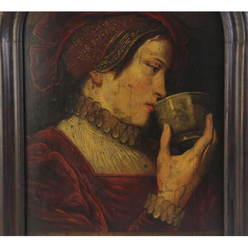 243 - Continental school (in the 17th century manner), 
Bust length portrait of an enigmatic lady drinking... 