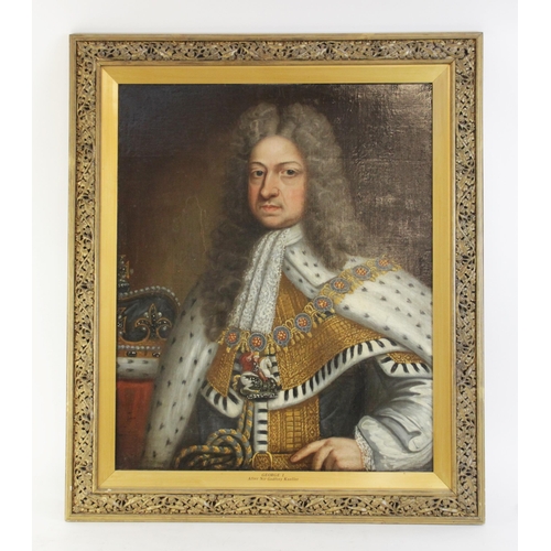 247 - Manner of Sir Godfrey Kneller, Bt (1646-1723), 
A half length portrait of George I in coronation rob... 