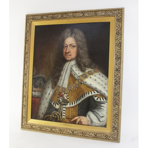 247 - Manner of Sir Godfrey Kneller, Bt (1646-1723), 
A half length portrait of George I in coronation rob... 