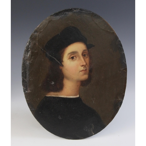 254 - After Raphael (Italian, 1483-1520), 
'Self Portrait', 
Oil on oval board, 
Unsigned, 
21.5cm x 17cm,... 