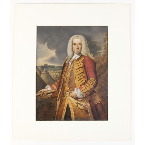 257 - English school (19th century), 
A three quarter length portrait of a gentleman with military encampm... 