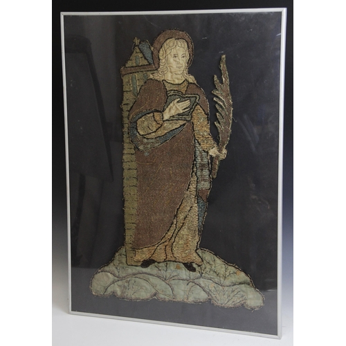 262 - An embroidery of a religious figure, possibly Saint Catherine, possibly 17th Century, comprised of c... 