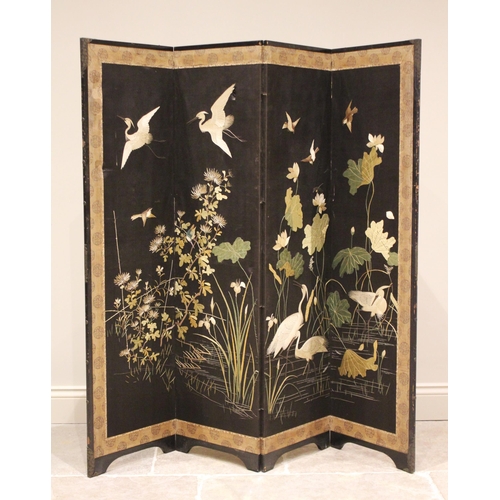 296 - * A Japanese three-fold room screen, the four silkwork panels decorated with wading and in flight cr... 