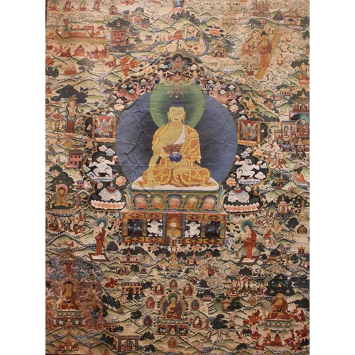 298 - * A Tibetan Shakyamuni thangka, 20th century, featuring the tales of Avadana-Kalpalata, painted in g... 