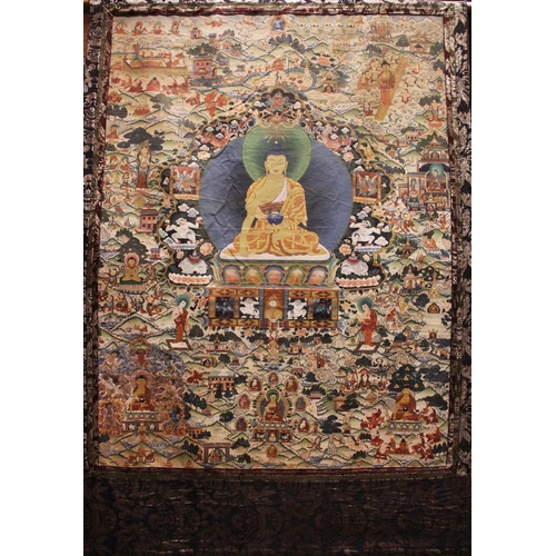 298 - * A Tibetan Shakyamuni thangka, 20th century, featuring the tales of Avadana-Kalpalata, painted in g... 