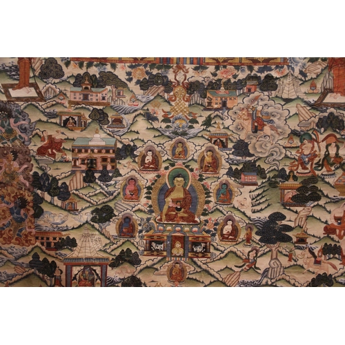 298 - * A Tibetan Shakyamuni thangka, 20th century, featuring the tales of Avadana-Kalpalata, painted in g... 