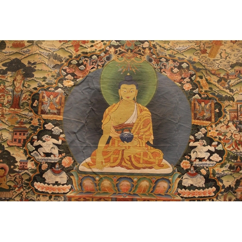 298 - * A Tibetan Shakyamuni thangka, 20th century, featuring the tales of Avadana-Kalpalata, painted in g... 