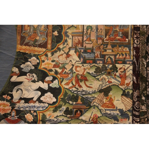 298 - * A Tibetan Shakyamuni thangka, 20th century, featuring the tales of Avadana-Kalpalata, painted in g... 