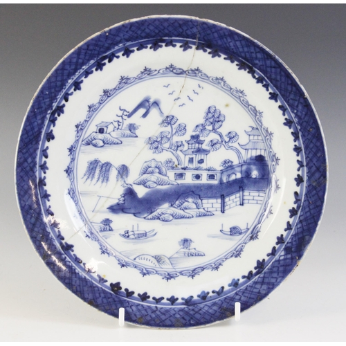 308 - A collection of 18th century Chinese porcelain blue and white plates, to include a tobacco leaf exam... 