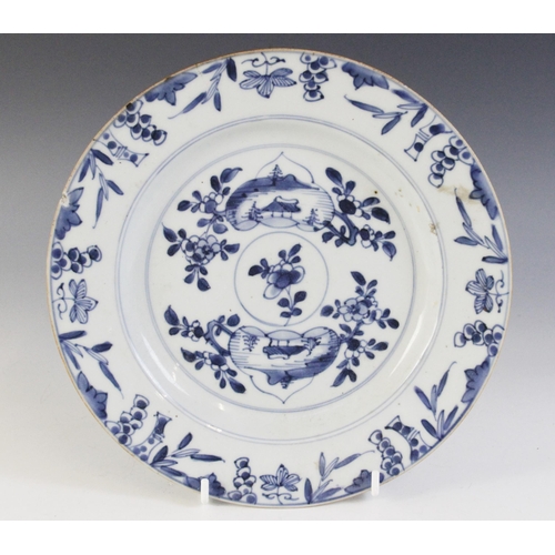 308 - A collection of 18th century Chinese porcelain blue and white plates, to include a tobacco leaf exam... 