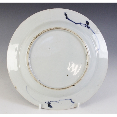 308 - A collection of 18th century Chinese porcelain blue and white plates, to include a tobacco leaf exam... 