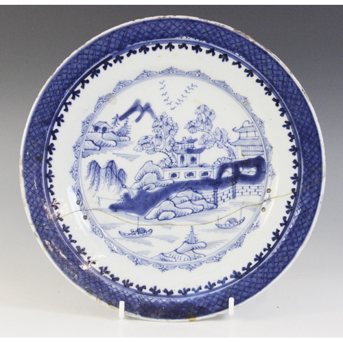 308 - A collection of 18th century Chinese porcelain blue and white plates, to include a tobacco leaf exam... 