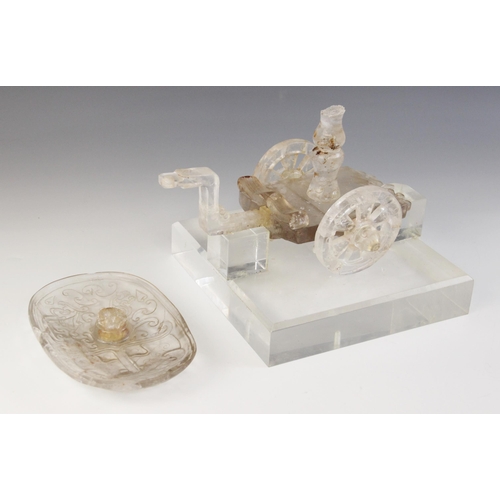 316 - A Chinese rock crystal model of a carriage, the rectangular platform supported by two circular wheel... 