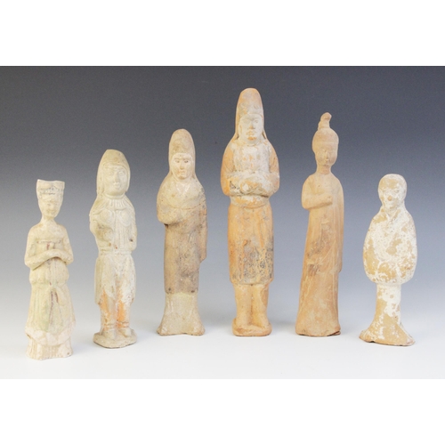 326 - Six Chinese pottery Mingqi burial figures, possibly Han dynasty and later, each modelled in various ... 