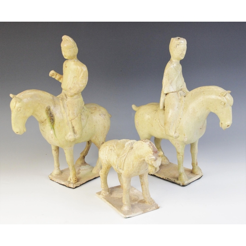 332 - Two Chinese straw-glazed equestrian groups, possibly Sui dynasty, each horse modelled on four legs r... 