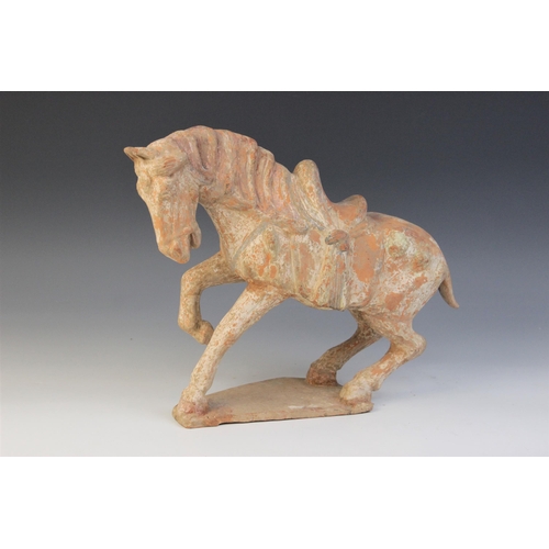 337 - A Chinese pottery model of a horse, possibly Tang dynasty, modelled with one leg raised, with saddle... 