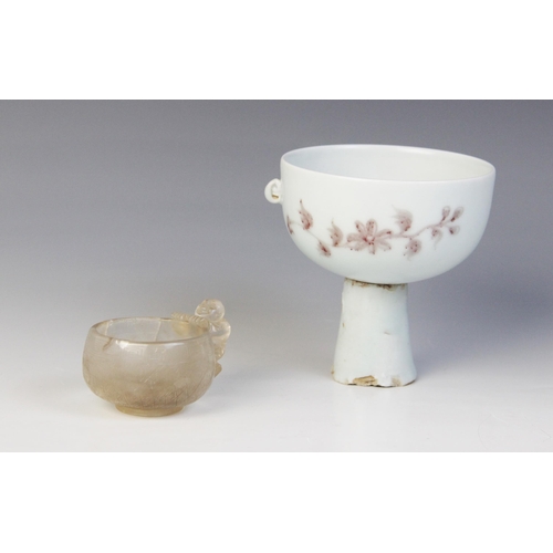 347 - * A Chinese porcelain stem cup, possibly Ming Dynasty, the iron-red decorated bowl painted to the ex... 