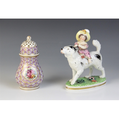 350 - * A Derby figural group naturalistically modelled as a young girl riding a large dog, 19th century, ... 