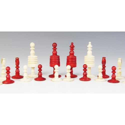 36 - A stained bone continental chess set in the 'Selenus' pattern, 19th century, the kings 8.8cm high, c... 
