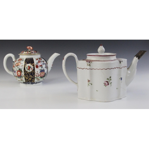 363 - A Worcester porcelain teapot circa 1780, decorated in a kakiemon design with alternating panels, the... 