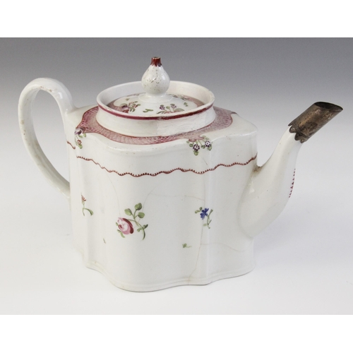 363 - A Worcester porcelain teapot circa 1780, decorated in a kakiemon design with alternating panels, the... 