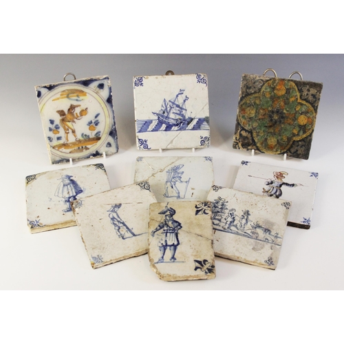 369 - A collection of ten delft tiles, 18th century and later, to include a ship decorated example 13cm x ... 