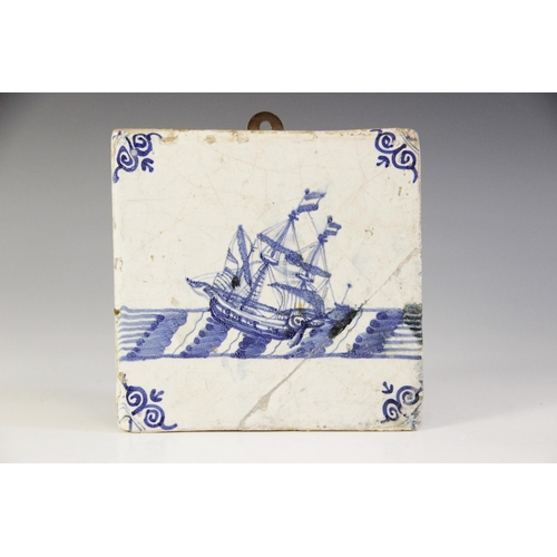 369 - A collection of ten delft tiles, 18th century and later, to include a ship decorated example 13cm x ... 