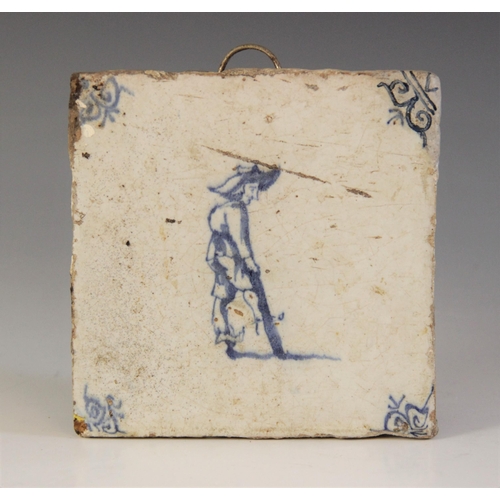 369 - A collection of ten delft tiles, 18th century and later, to include a ship decorated example 13cm x ... 