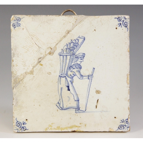 369 - A collection of ten delft tiles, 18th century and later, to include a ship decorated example 13cm x ... 