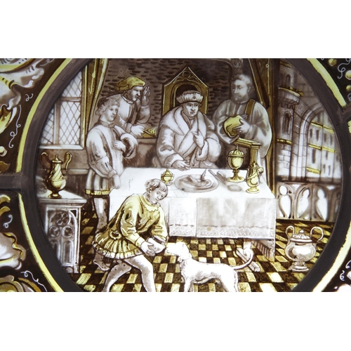 373 - A tondeau stained and painted glass panel, possibly 16th century and later, the central panel depict... 