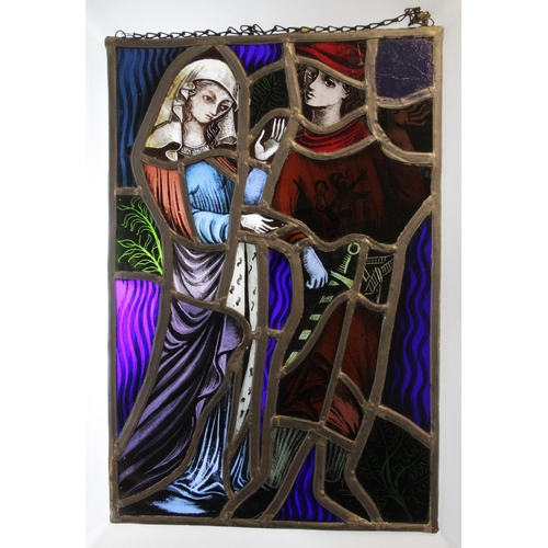 379 - A stained and painted glass panel, 19th century, depicting Mary presenting the infant Jesus to one o... 