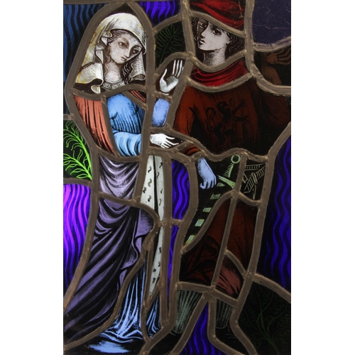 379 - A stained and painted glass panel, 19th century, depicting Mary presenting the infant Jesus to one o... 