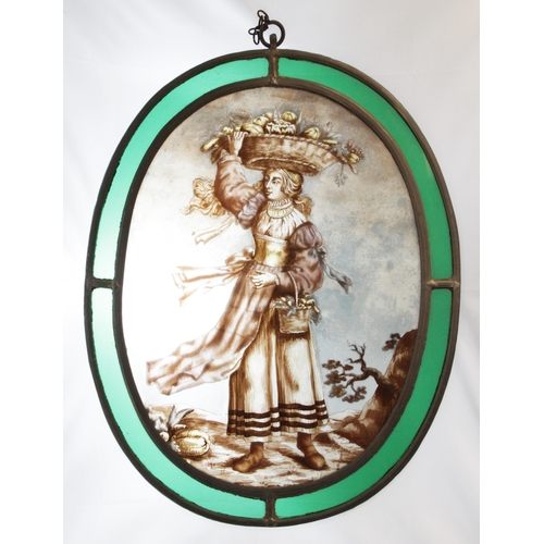 380 - Two stained and painted glass panels, 19th century, one depicting a traveller wearing a tricorn hat ... 